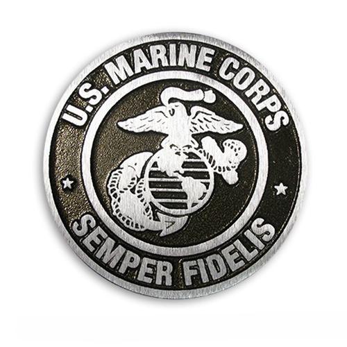 Round Aluminum Military Grave Marker featuring the U.S. Marine Corps emblem with eagle, globe, anchor, and Semper Fidelis inscription.