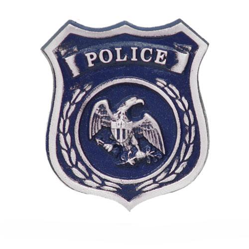 Aluminum Police Shield Grave Marker featuring a blue and silver police badge with an eagle emblem and laurel wreath design.