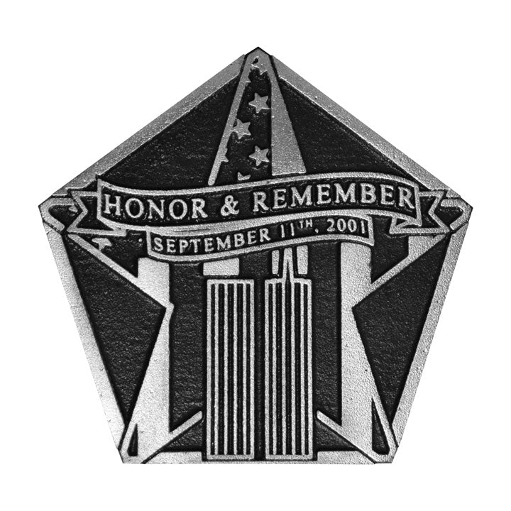 Aluminum 9/11 Grave Marker - Honor & Remember featuring twin towers and a banner with the date September 11th, 2001 in a pentagon shape.