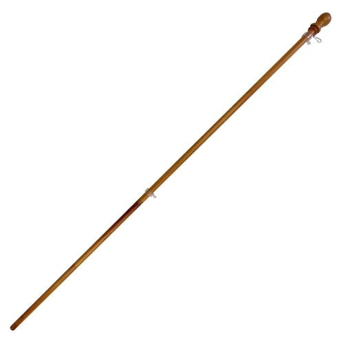 Wall Mounted Outrigger Flagpoles made of polished wood with a rounded finial top and metal attachment hooks for mounting.