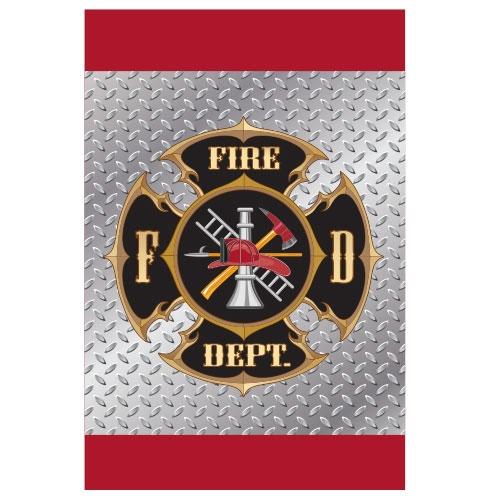 Fire Department Garden Flags featuring a firefighter emblem with helmet, ladder, axe, and hydrant on a metallic diamond plate background with red borders.