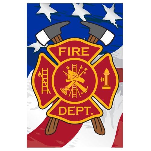 Fire Department Garden Flags featuring a red and gold firefighter emblem with axes and an American flag background.