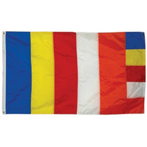 Outdoor Buddhist Flags featuring vibrant vertical stripes in blue, yellow, red, white, and orange colors designed for outdoor display.