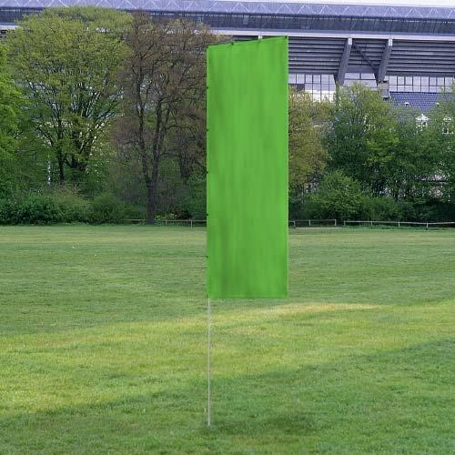 Solid Tall Advertising Flags with a vibrant green fabric displayed outdoors on a metal pole in a grassy park area.