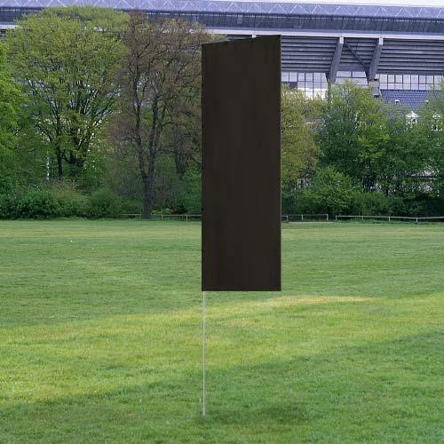 Solid Tall Advertising Flags displayed outdoors on a grassy field with a black fabric panel and a metal pole support.