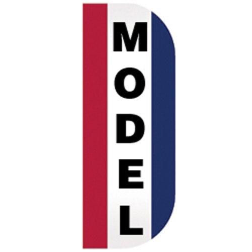 Model Tall Flutter Message Flag with vertical "MODEL" text in bold black on white background, bordered by red and blue stripes