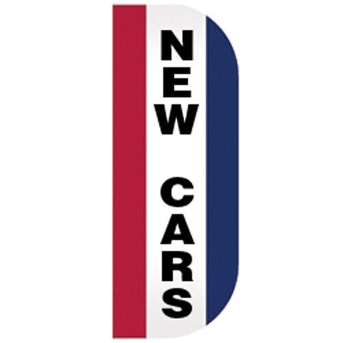 New Cars Tall Flutter Message Flag with bold black text on a vertical red, white, and blue background for promotional display.
