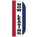 Now Leasing Tall Flutter Message Flag with vertical black text on white background, bordered by red and blue stripes.