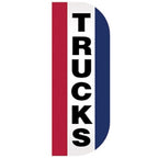 Trucks Tall Flutter Message Flag with vertical black "TRUCKS" text on white background, flanked by red and blue curved panels.