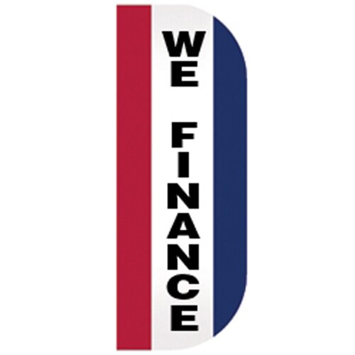 We Finance Tall Flutter Message Flag with vertical black text on white background, bordered by red and blue vertical stripes.
