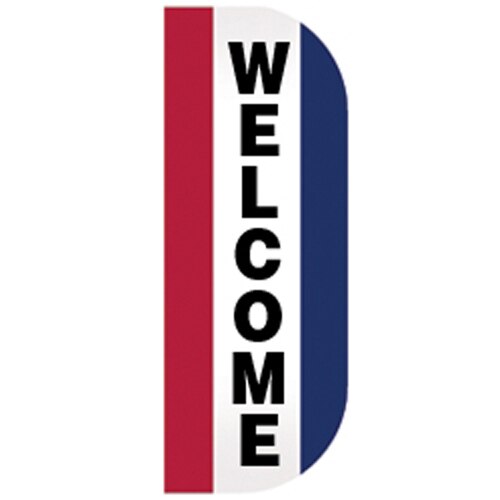 Welcome Tall Flutter Message Flag displaying the word "WELCOME" in bold black letters on a white background with red and blue side panels.