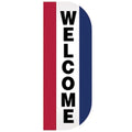 Welcome Tall Flutter Message Flag displaying the word "WELCOME" in bold black letters on a white background with red and blue side panels.