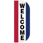 Welcome Tall Flutter Message Flag displaying the word "WELCOME" in bold black letters on a white background with red and blue side panels.