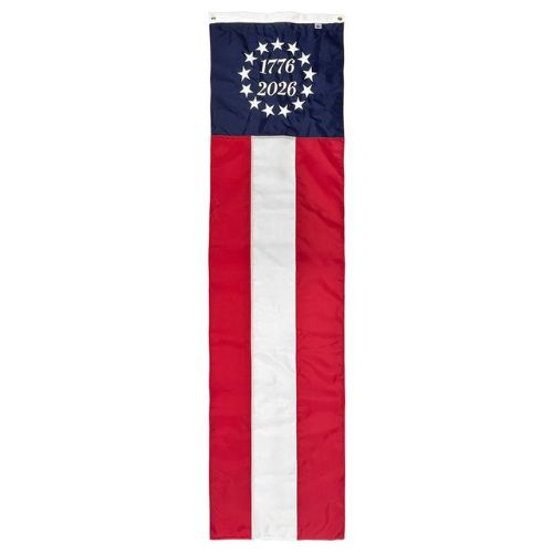 1776-2026 America 250 Betsy Ross Pull-Down featuring a vertical flag design with red and white stripes and a blue canton with stars encircling the years 1776 and 2026.