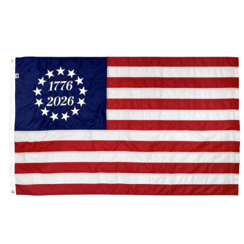 Embroidered 1776 Betsy Ross Flag featuring thirteen stars in a circle and the years 1776 and 2026 on a blue canton with red and white stripes