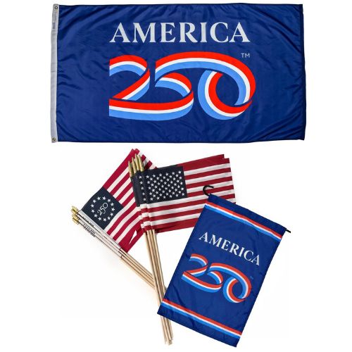 United States 250th Flag Kit featuring a large blue banner with "America 250" design and multiple small traditional American flags.