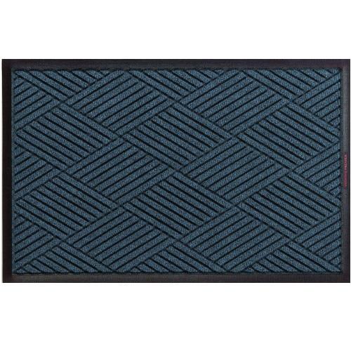 Rectangular dark blue Waterhog Eco Premier Mats with a textured geometric pattern and a black border designed for durability and entrance cleanliness.