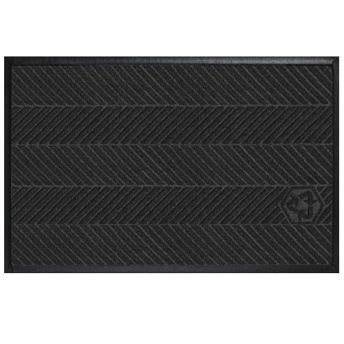 Black entrance mat with textured diagonal stripes and a subtle anchor logo in the corner, designed as Waterhog Eco Elite Mats.