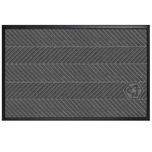 Gray textured entrance mat with chevron pattern and black border, designed as Waterhog Eco Elite Mats for durability and eco-friendly use.