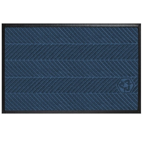 Blue textured entrance mat with diagonal striped pattern and black border, designed as Waterhog Eco Elite Mats for durability and eco-friendliness.