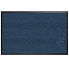 Blue textured entrance mat with diagonal striped pattern and black border, designed as Waterhog Eco Elite Mats for durability and eco-friendliness.