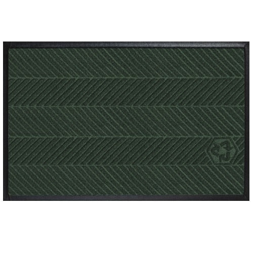 Dark green durable floor mat with diagonal textured patterns and a subtle recycling symbol, designed as Waterhog Eco Elite Mats.