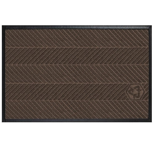 Brown entrance mat with diagonal striped texture and a black border, designed as Waterhog Eco Elite Mats for durability and dirt trapping.