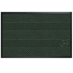 Waterhog Eco Elite Mats with dark green chevron pattern and subtle recycling emblem, designed for sustainable entrance protection.