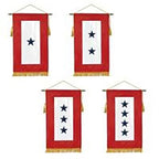 Four decorative service banners in red with white centers, each featuring one to four blue stars and gold fringe, known as Blue Star Service Banners.