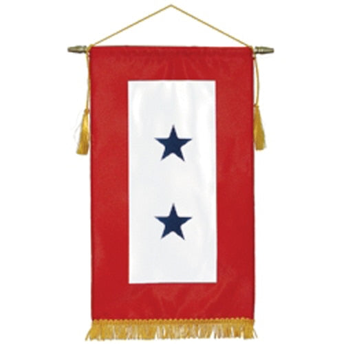 Blue Star Service Banners featuring two blue stars on a white vertical stripe with a red background and gold fringe trim.