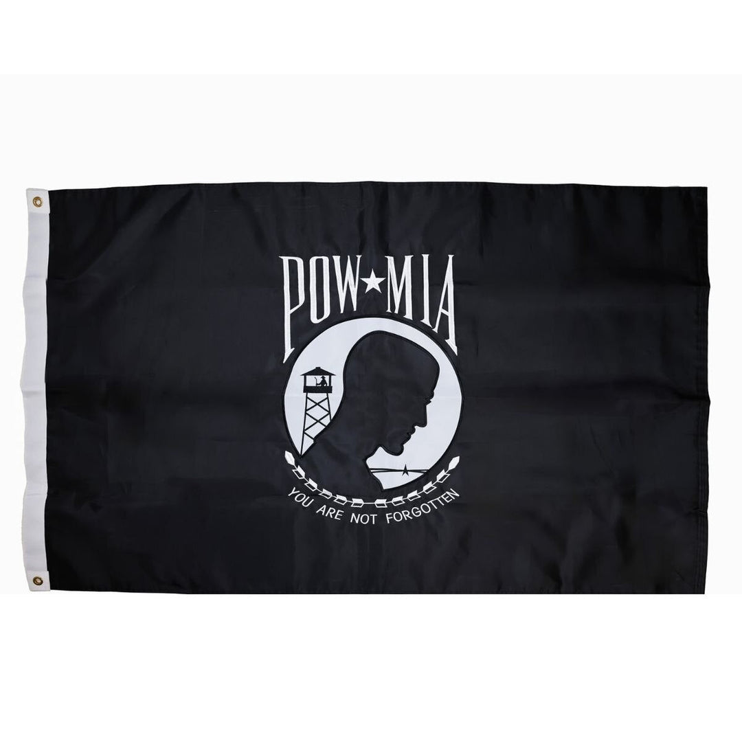 Embroidered Nylon POW MIA Flag – Double-Sided featuring a black background with white POW MIA emblem and text "You Are Not Forgotten