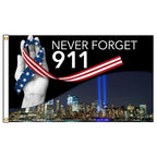 Never Forget 9/11 Flag featuring a hand holding a patriotic ribbon, white text, and Twin Towers Tribute lights over the New York City skyline at night.
