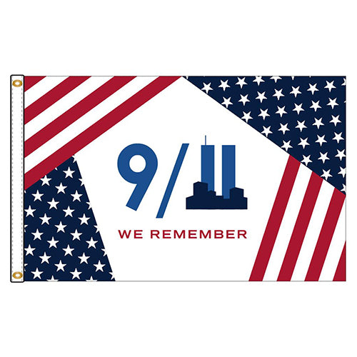 We Remember 9/11 Flag featuring a tribute design with the Twin Towers silhouette and red, white, and blue patriotic patterns.