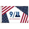 We Remember 9/11 Flag featuring a tribute design with the Twin Towers silhouette and red, white, and blue patriotic patterns.