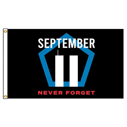 September 11 Memorial Flag with stylized twin towers inside a blue pentagon shape on black background and the phrase Never Forget in red text beneath