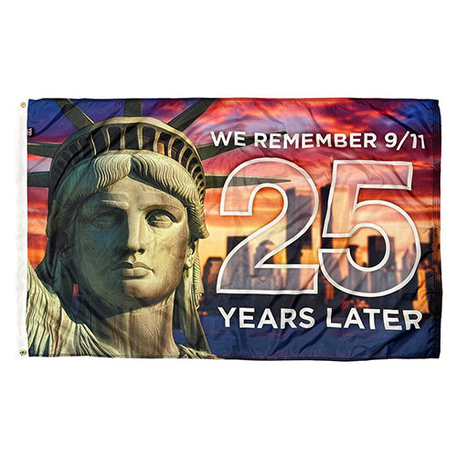 9/11 25th Anniversary Flag featuring a close-up of the Statue of Liberty with a sunset city skyline and text remembering 25 years since 9/11.