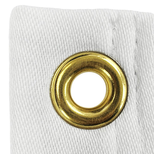 Close-up of a brass grommet on white fabric of the 9/11 25th Anniversary Flag, showing durable stitching and material texture.