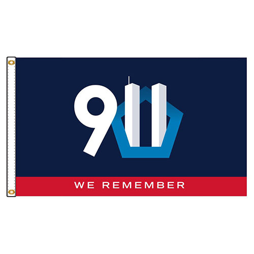 9/11 Remembrance Flag featuring the iconic Twin Towers integrated into the number "11" with a blue pentagon shape and the words "We Remember" on a red stripe below.