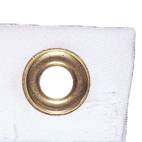 Close-up of a brass grommet on a white fabric corner of the We Remember 9/11 Flag for hanging or display purposes.