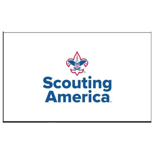 White flag featuring a red, white, and blue fleur-de-lis emblem above the bold blue text Scouting America Logo Flag.