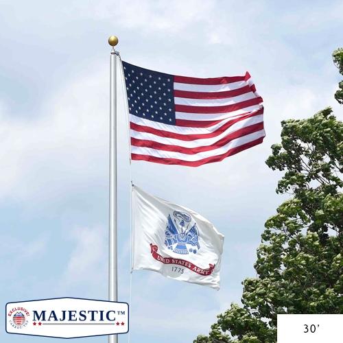 One Piece Commercial Aluminum 30 Foot Flagpole - Majestic™ displaying an American flag and a United States Army flag against a partly cloudy sky with nearby green trees.