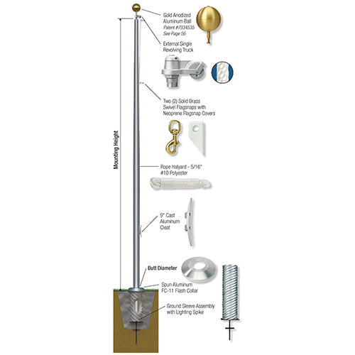 Diagram showing components and installation features of the One Piece Commercial Aluminum 30 Foot Flagpole - Majestic™ including gold anodized aluminum ball, external revolving truck, brass swivel flag snaps, polyester rope halyard, cast aluminum cleat, aluminum flash collar, and ground sleeve assembly with lighting spike.