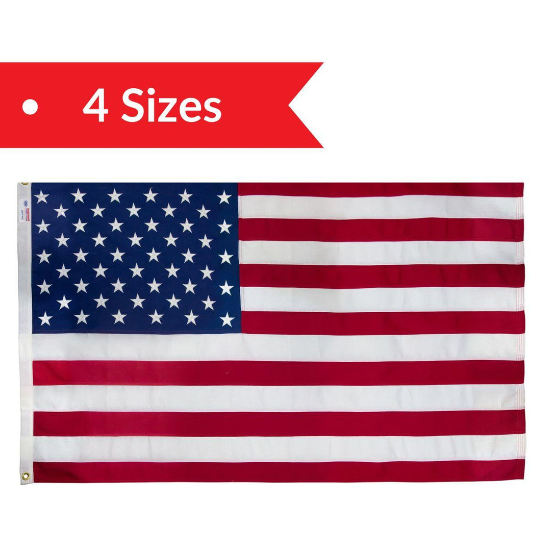 “Koralex II polyester American flag with embroidered stars and sewn stripes on white background