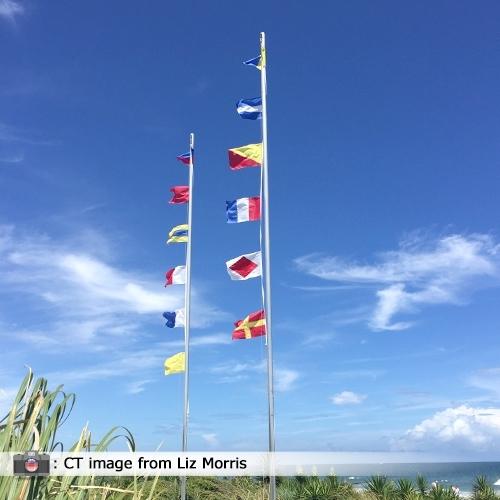 flags fluttering against blue sky