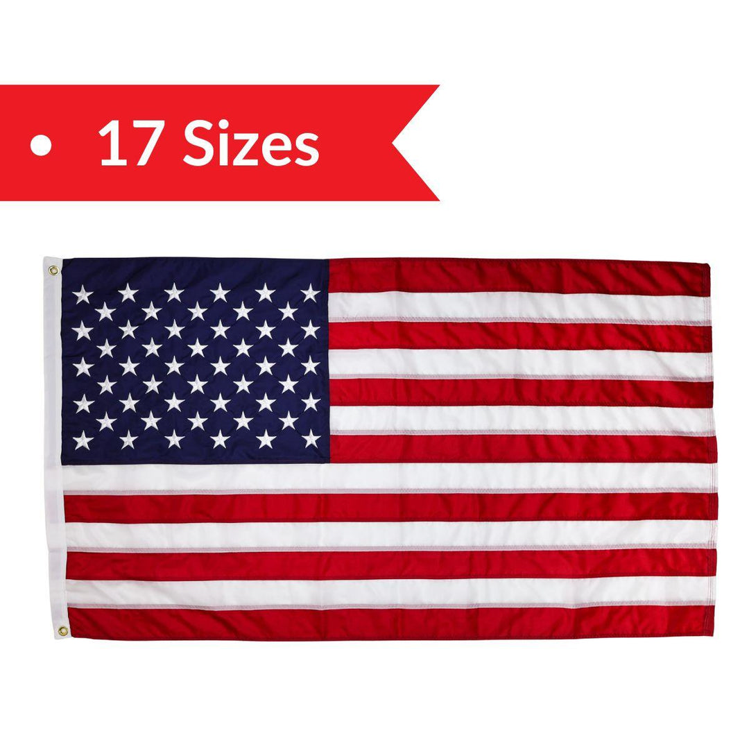 “Nyl-Glo nylon American flag with embroidered stars, sewn stripes, and canvas header with grommets