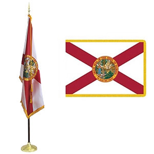 Florida Flag Sets featuring the state flag design with a red X and state seal on a white background, including a standing flagpole.