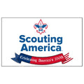 White flag featuring the Scouting America® 250th Anniversary Flag logo with a red, white, and blue ribbon and eagle emblem